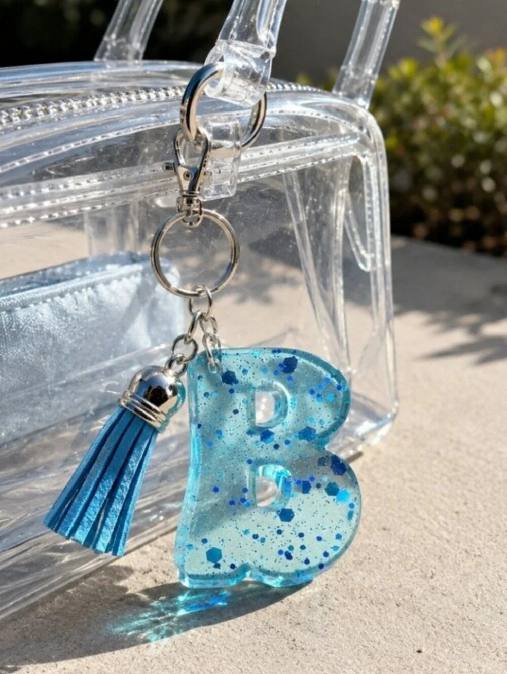 Blue Glitter Letter B Keychain with Tassel